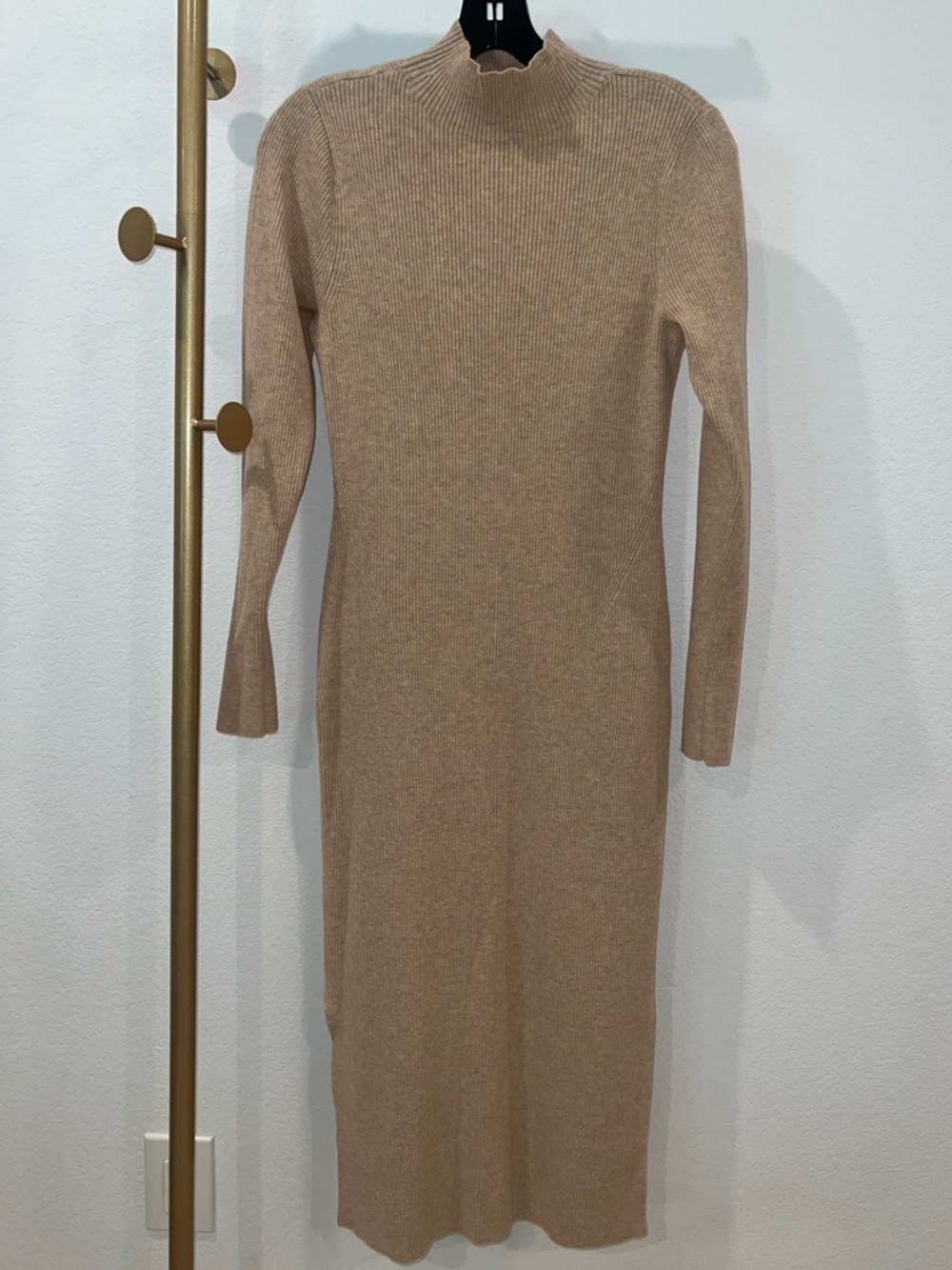 LOFT Tan Ribbed Mock Neck Long Sleeve Midi Dress